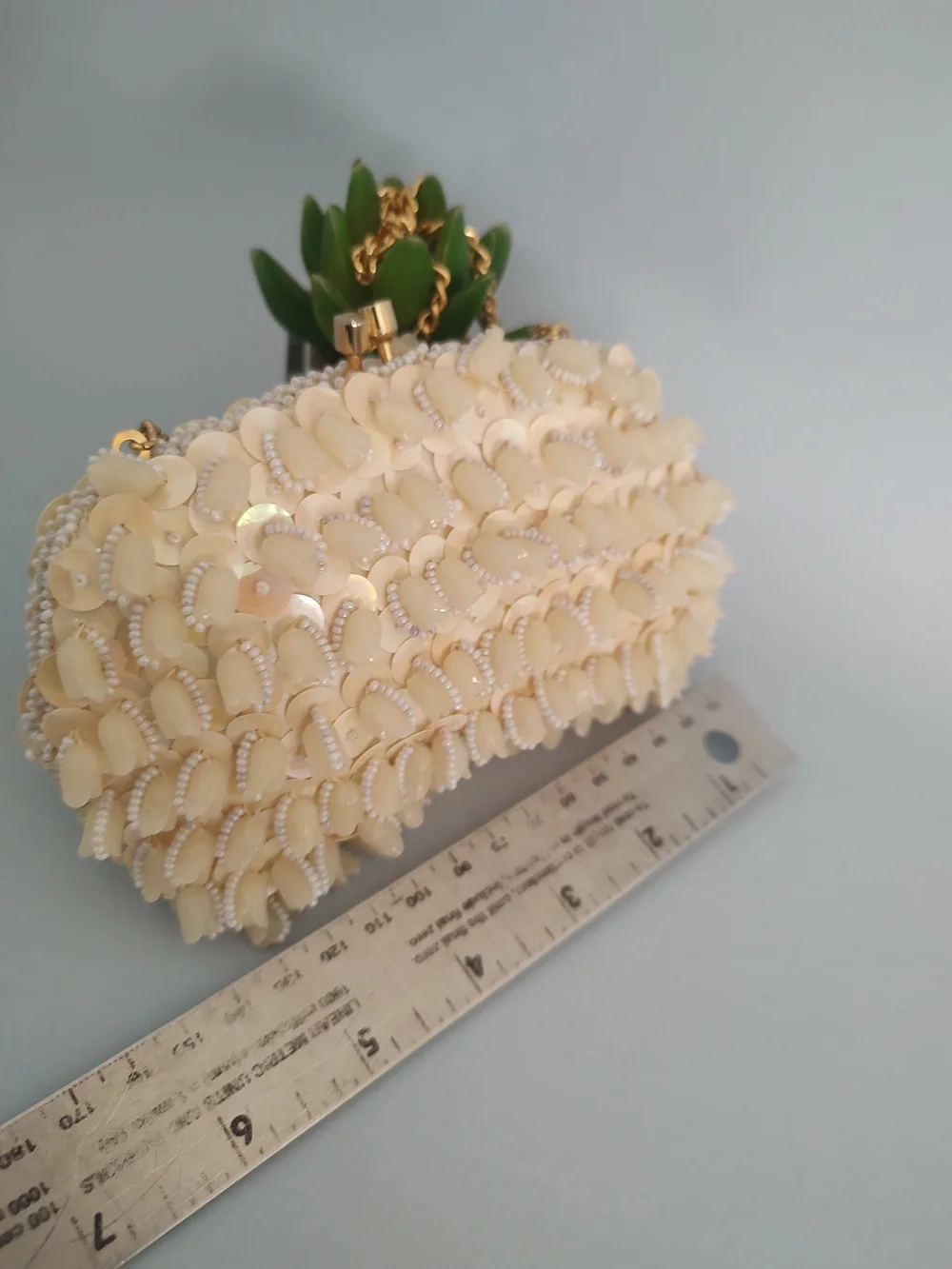 Elegant Cream Sequin Evening Clutch with Gold Chain